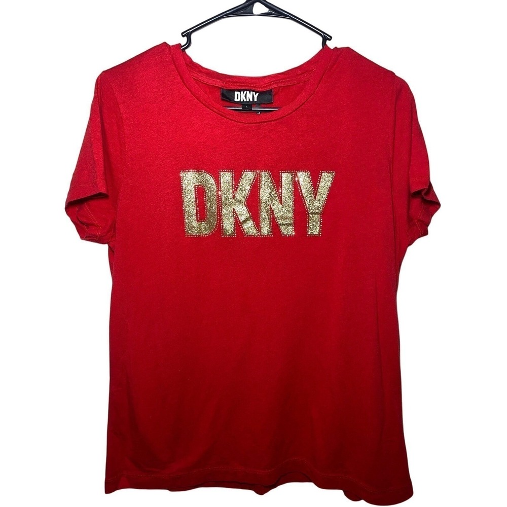 DKNY Streetwear Y2K Red with Gold Glitter Logo Crew Neck T-shirt Womens Large